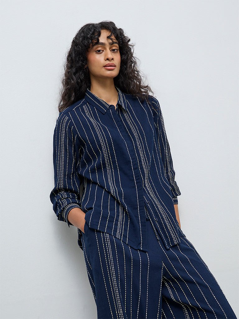 LOV Navy Striped Embroidered Cotton Shirt