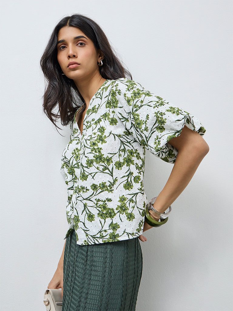LOV Off-White Foliage Printed Cotton Blouse