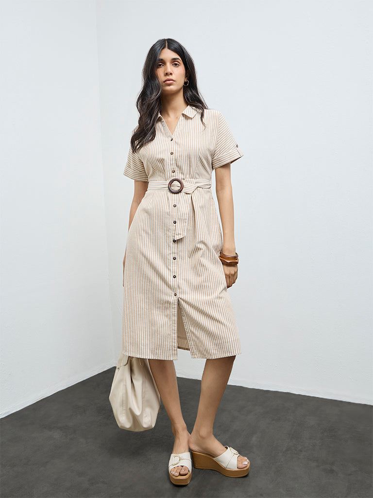 LOV Beige Striped Cotton-Blend Shirt Dress with Belt