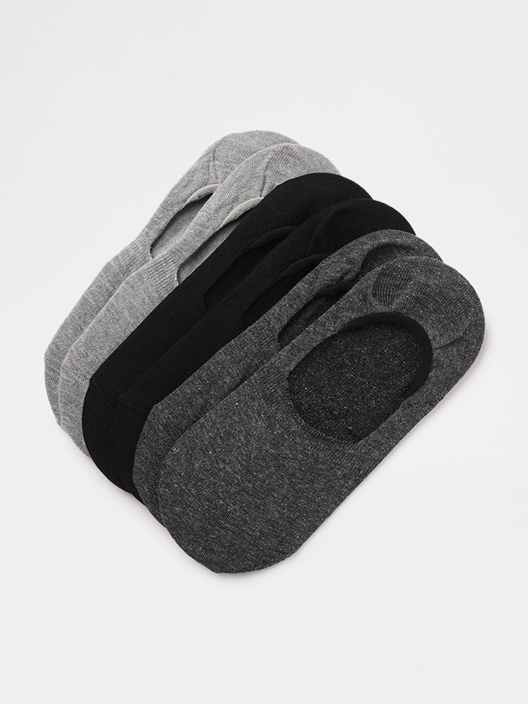 WES Lounge Grey Invisible No Show Cotton-Blend Socks - Pack of 3