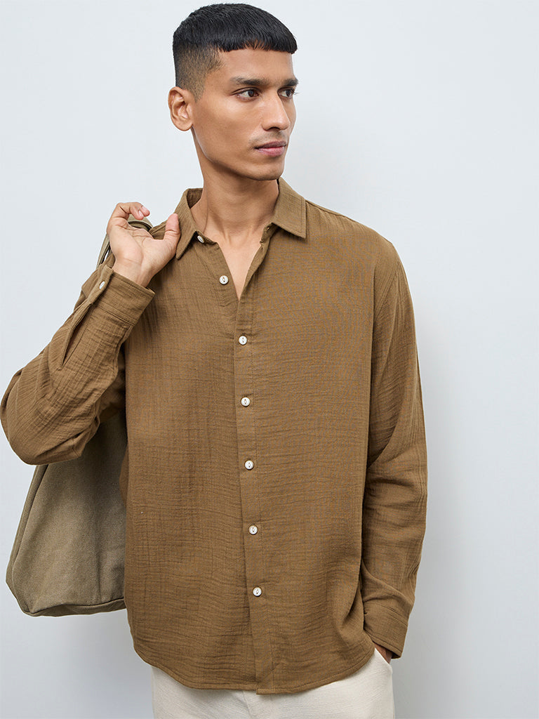 ETA Taupe Crinkle-Textured Relaxed-Fit Cotton Shirt
