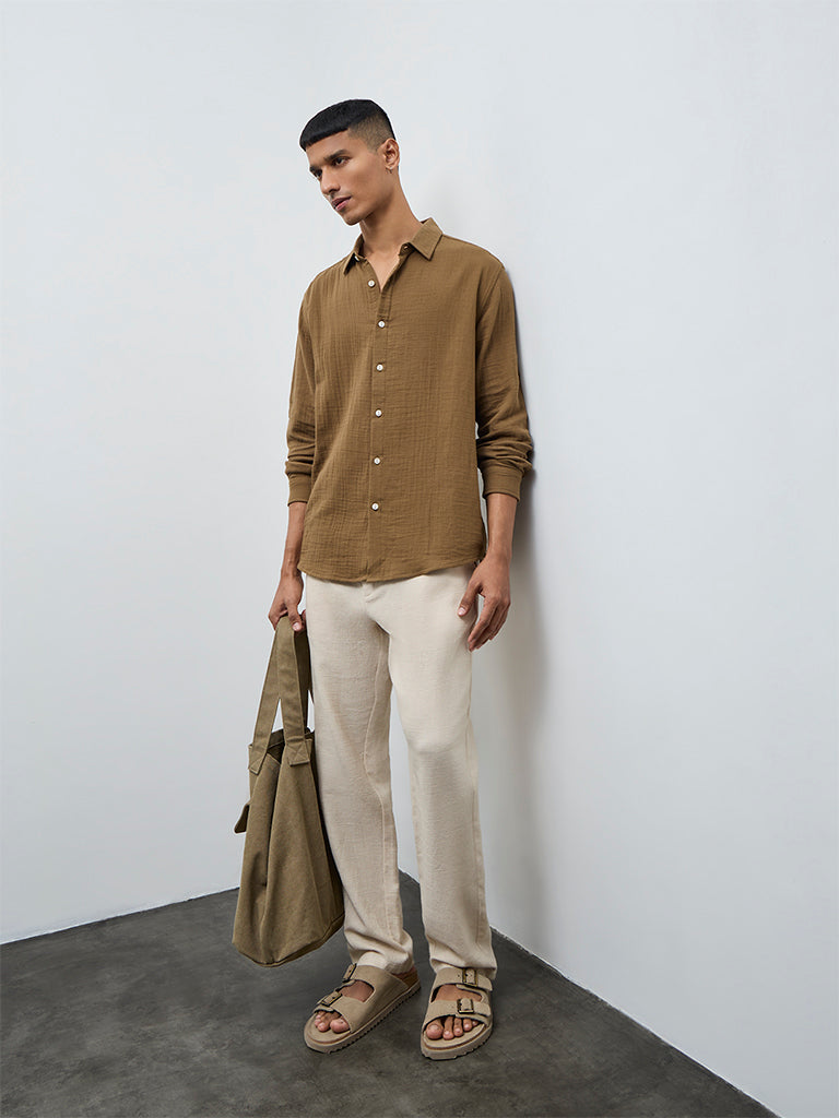 ETA Taupe Crinkle-Textured Relaxed-Fit Cotton Shirt