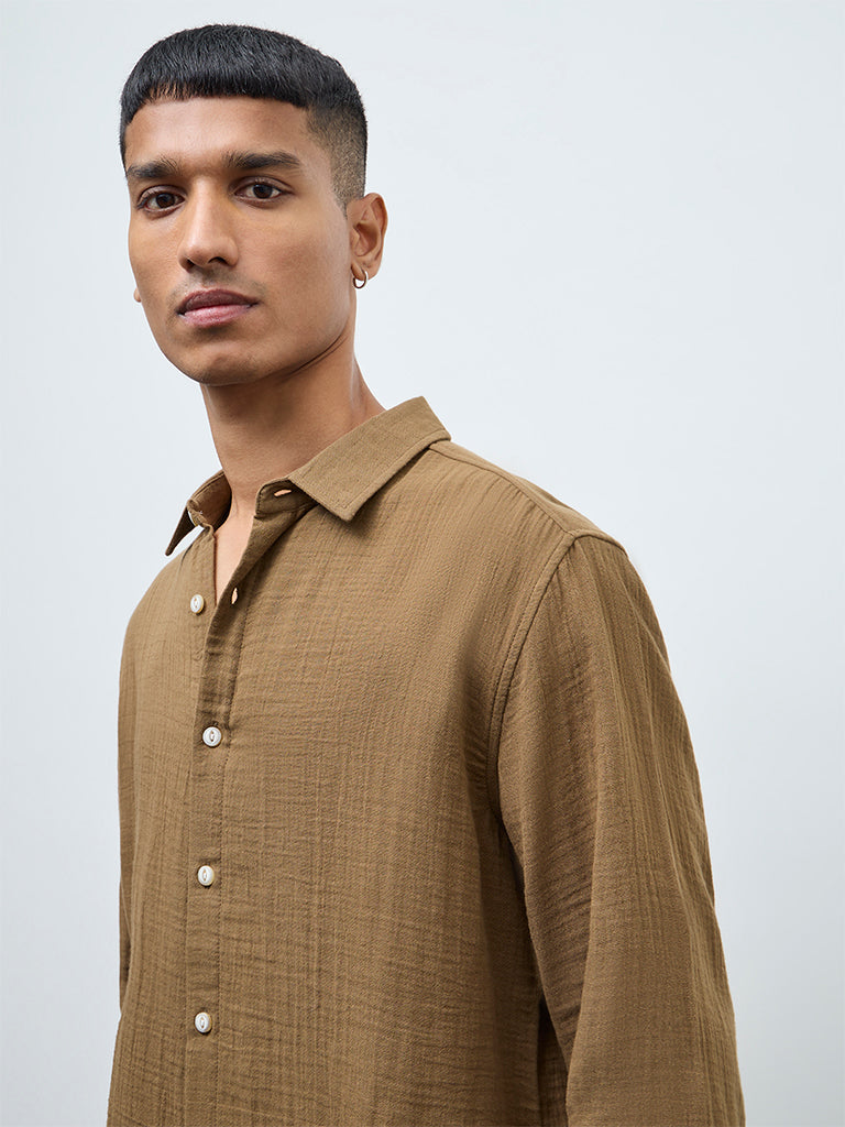 ETA Taupe Crinkle-Textured Relaxed-Fit Cotton Shirt
