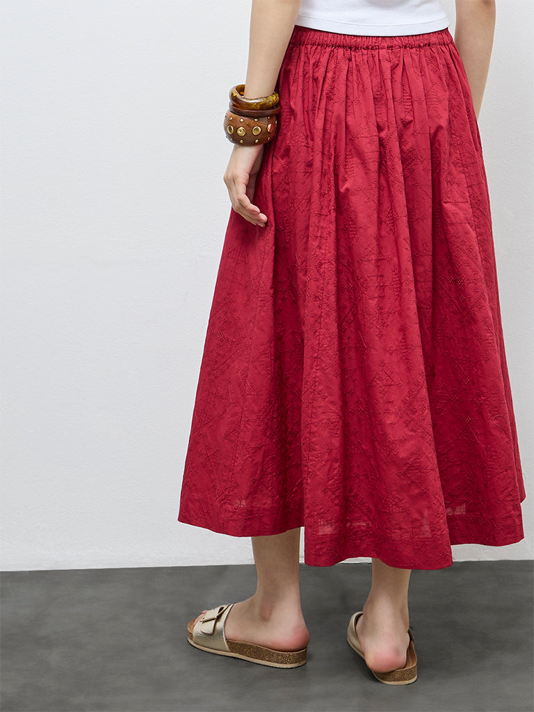 Bombay Paisley Red Embroidered Cotton Skirt