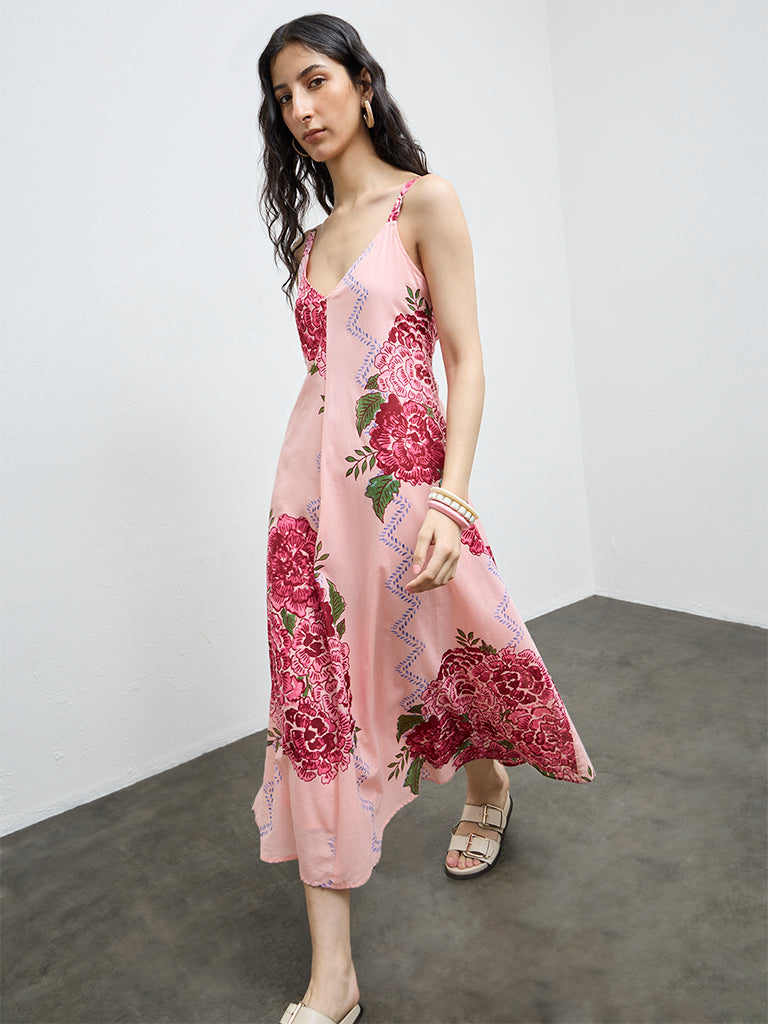 Bombay Paisley Peach Floral Cotton A-Line Dress