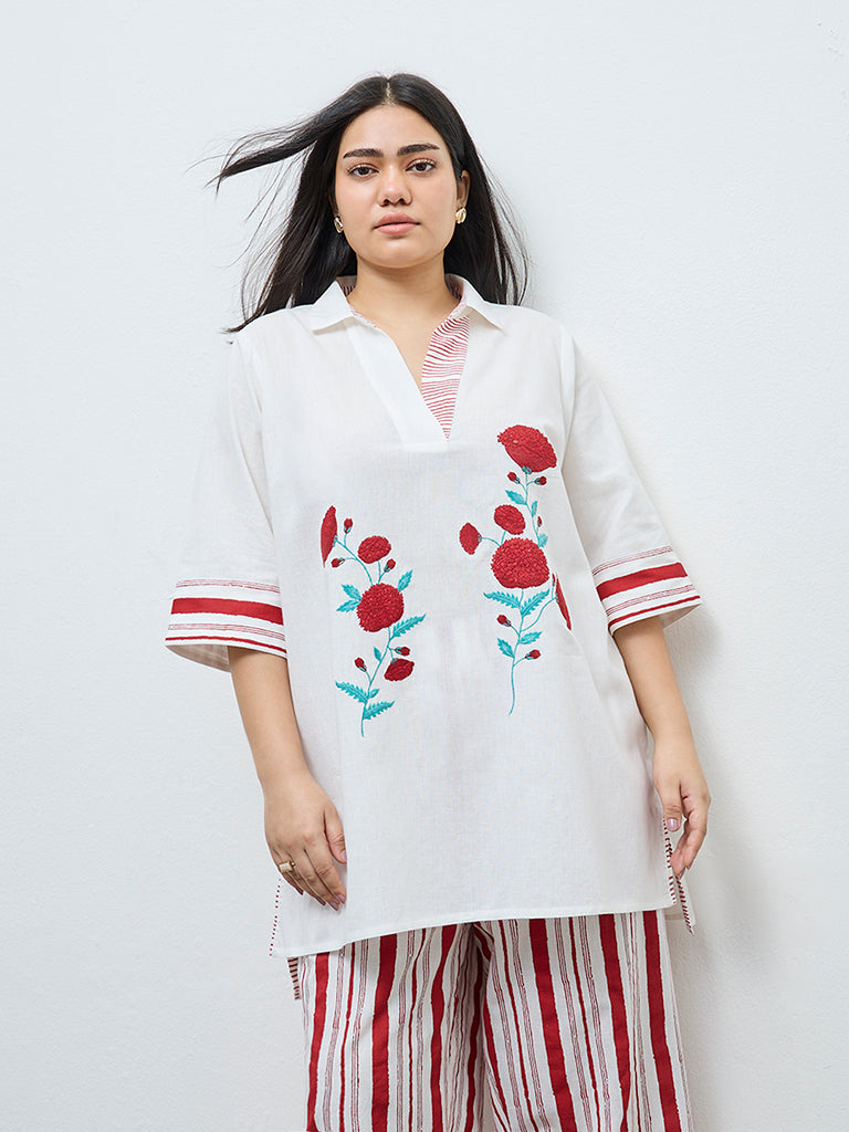 Diza White Floral Embroidered Cotton Tunic