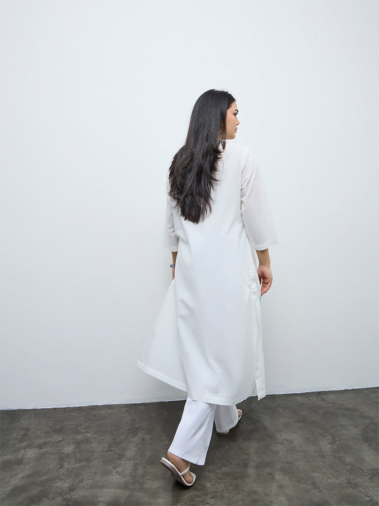 Diza White Embroidered Cotton A-Line Kurta