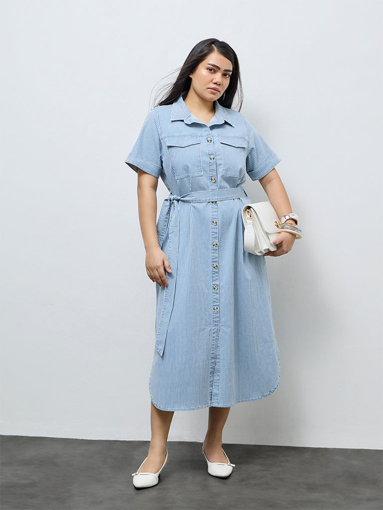 Gia Blue Striped Cotton-Blend Shirt Dress with Belt