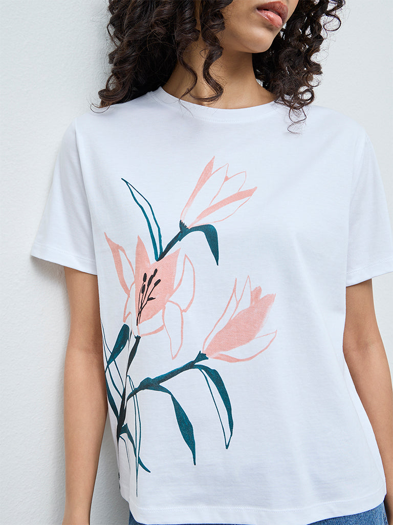 LOV White Foliage Printed Cotton T-Shirt