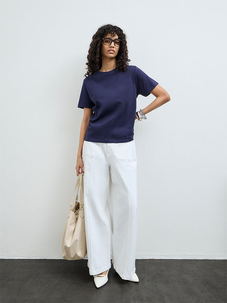 LOV Navy Solid Cotton T-Shirt