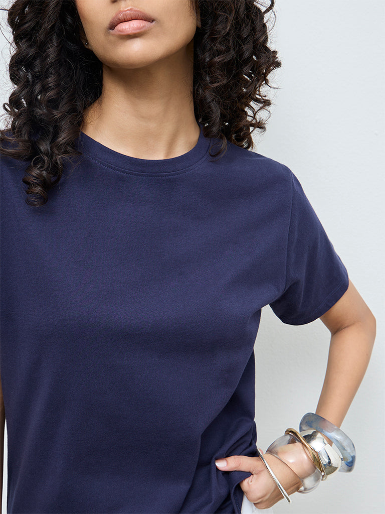 LOV Navy Solid Cotton T-Shirt