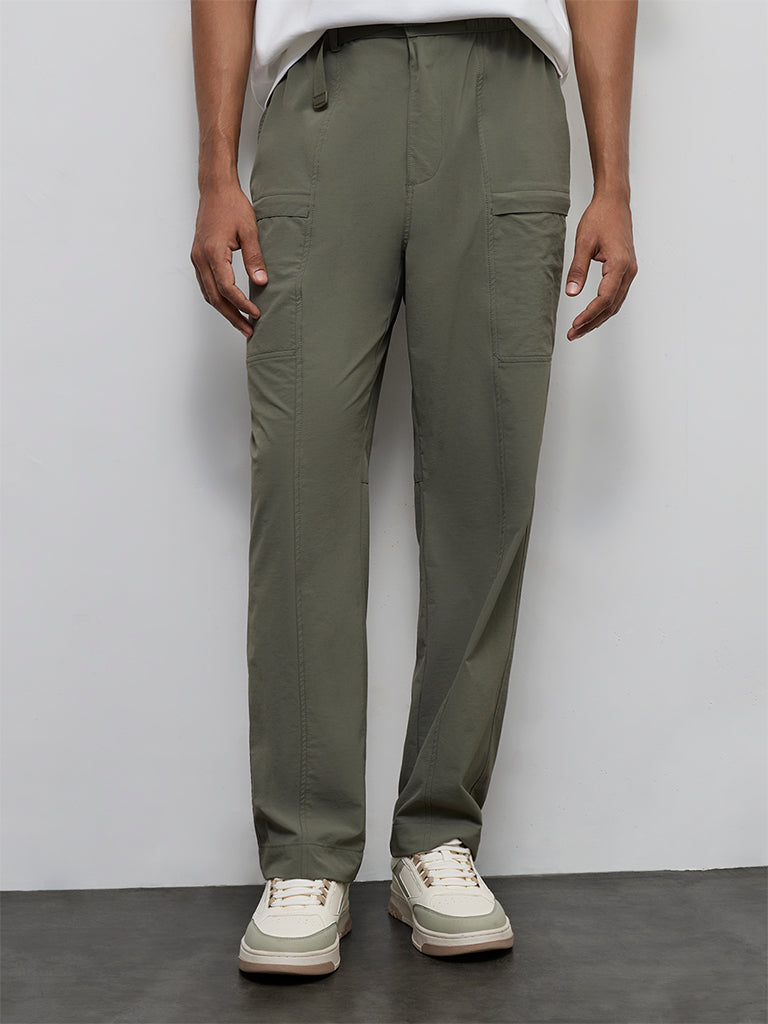 Nuoflexx Olive Solid Relaxed-Fit Mid-Rise Pants