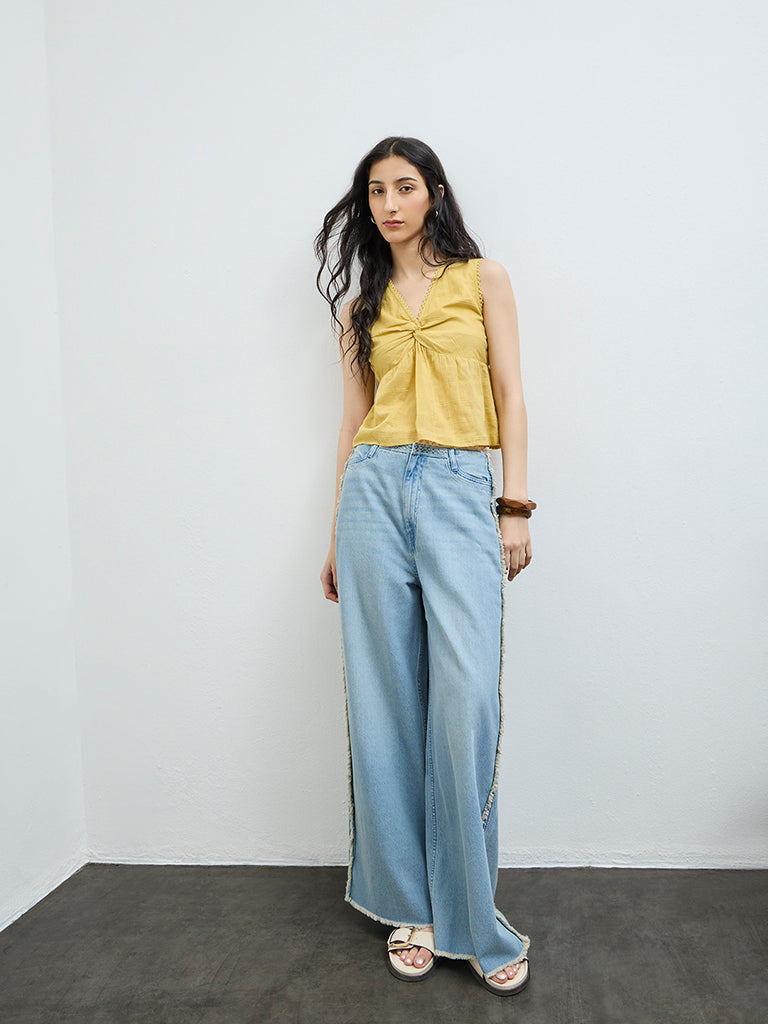 Bombay Paisley Yellow Ruched Cotton Top