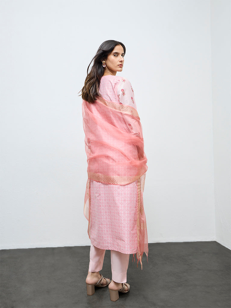 Vark Light Pink Floral Straight Ethnic Set
