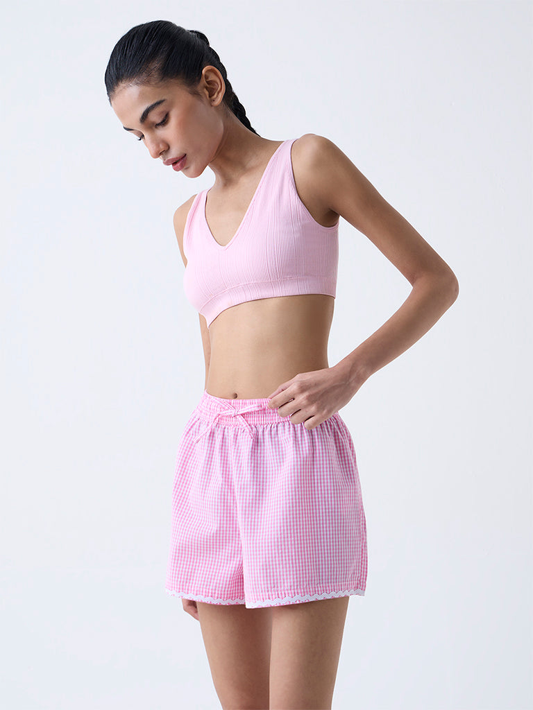 Superstar Pink Gingham Checkered High-Rise Cotton Shorts