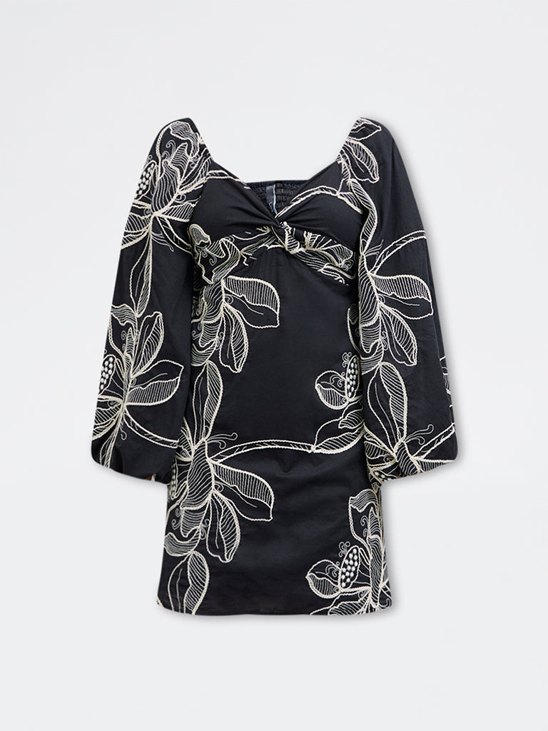 LOV Black Floral Embroidered Cotton A-Line Dress