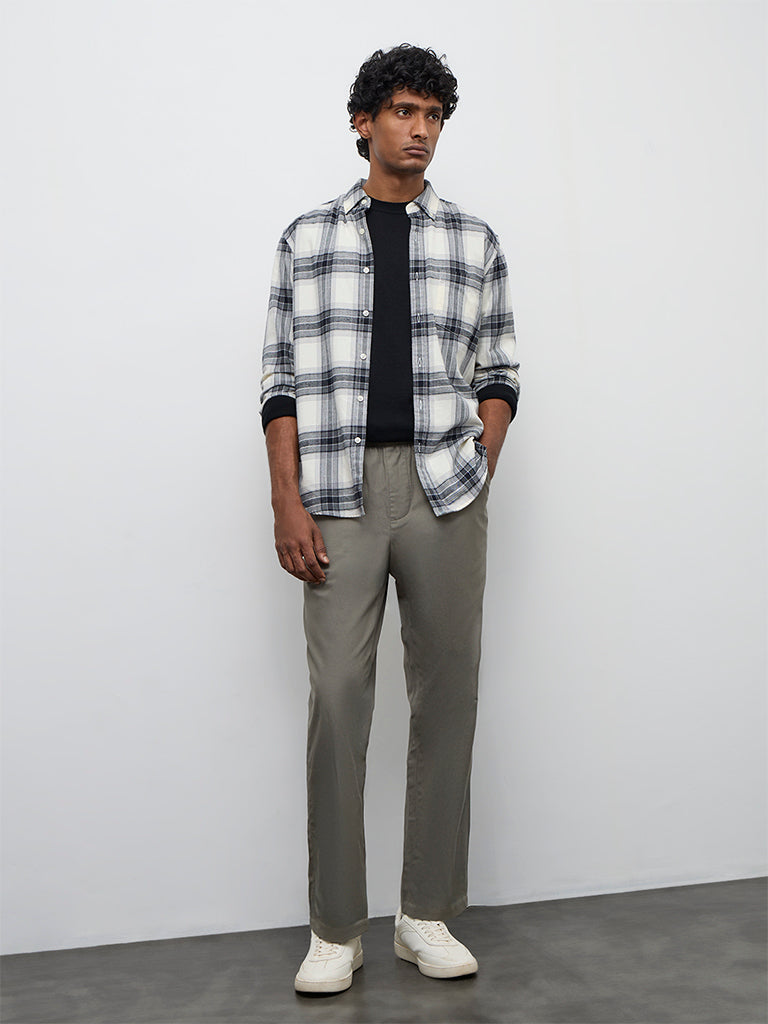WES Casuals Olive Relaxed-Fit Mid-Rise Cotton-Blend Chinos