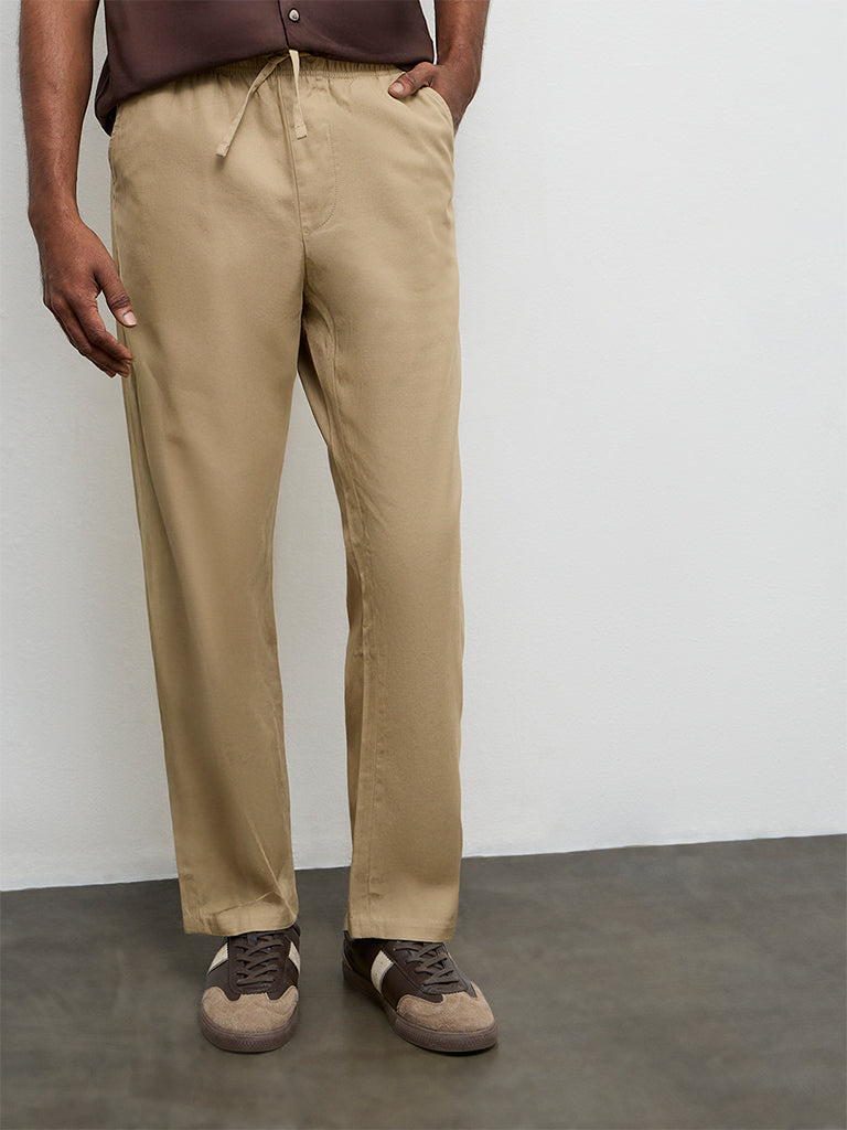 WES Casuals Taupe Relaxed-Fit Mid-Rise Cotton-Blend Chinos