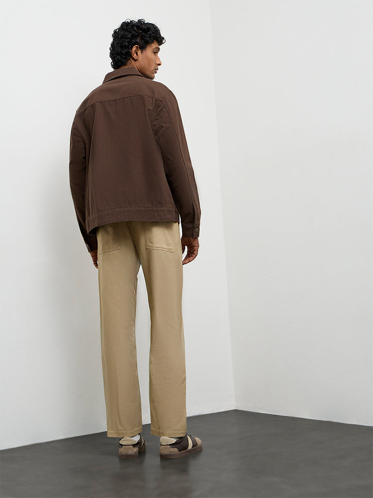 WES Casuals Taupe Relaxed-Fit Mid-Rise Cotton-Blend Chinos