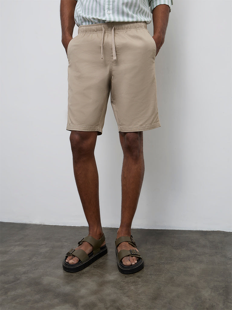 WES Casuals Beige Relaxed-Fit Mid-Rise Cotton-Blend Shorts