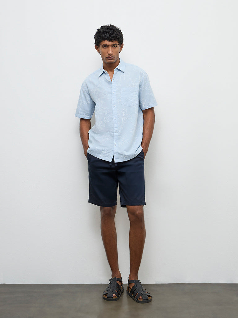 WES Casuals Dark Blue Relaxed-Fit Mid-Rise Cotton-Blend Shorts