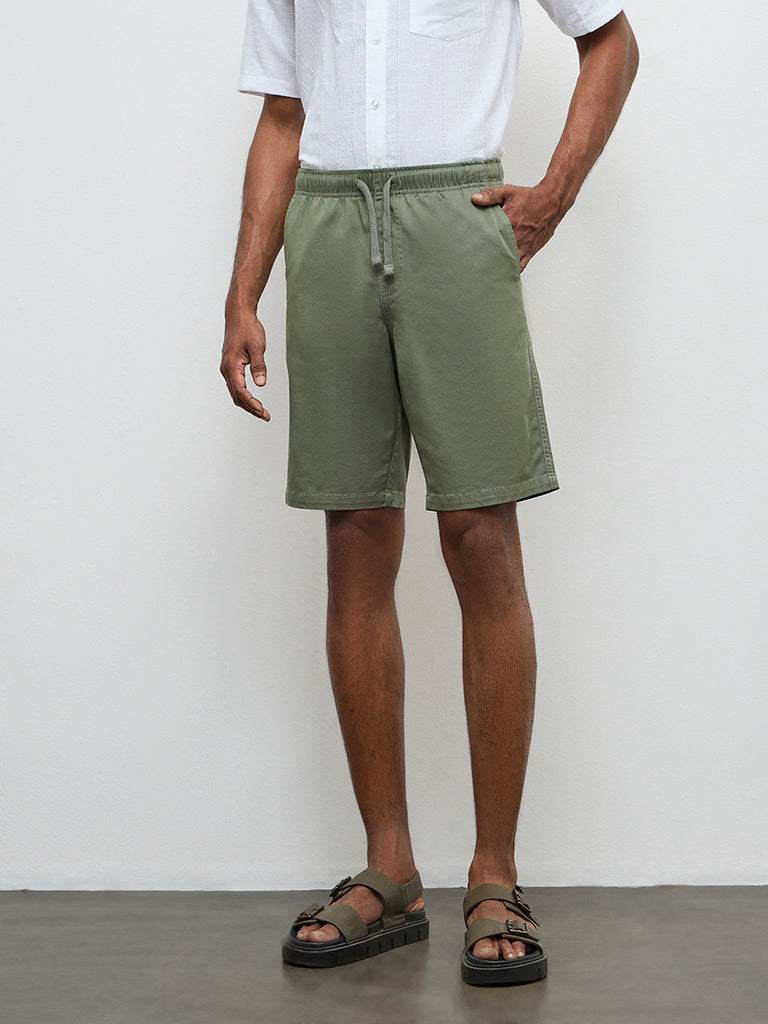WES Casuals Dark Olive Relaxed-Fit Mid-Rise Cotton-Blend Shorts