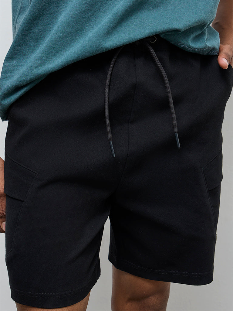 Nuon Black Solid Relaxed-Fit Mid-Rise Cotton-Blend Shorts