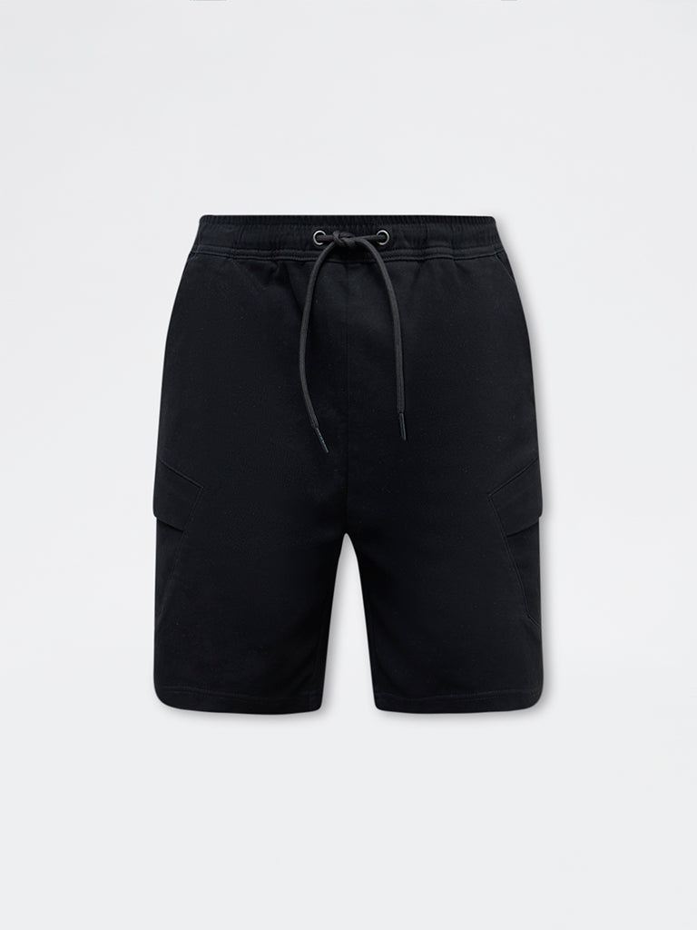 Nuon Black Solid Relaxed-Fit Mid-Rise Cotton-Blend Shorts