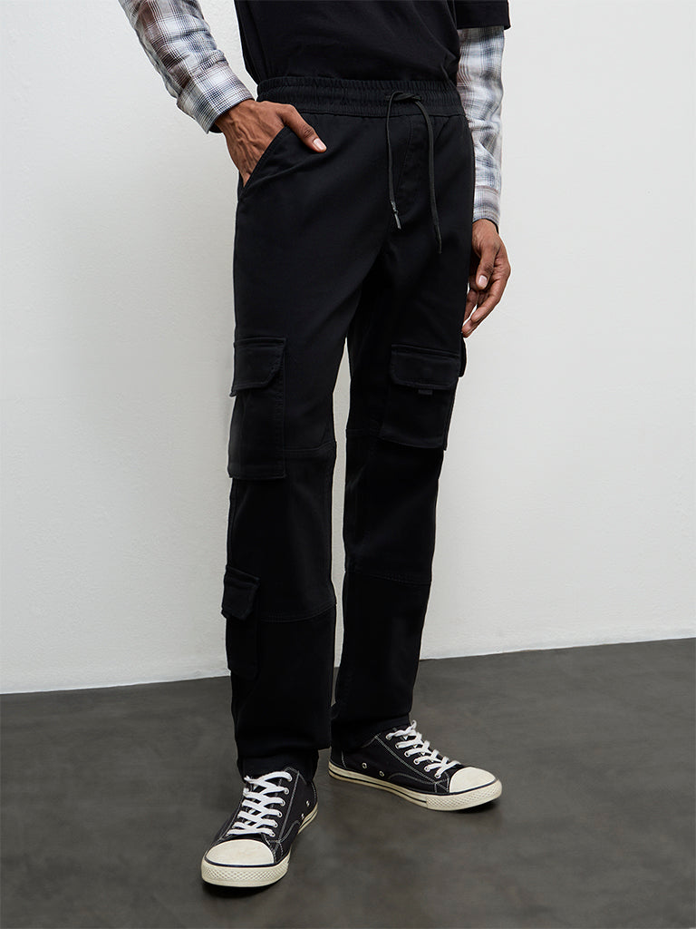 Nuon Black Relaxed-Fit Mid-Rise Cotton-Blend Cargo Pants