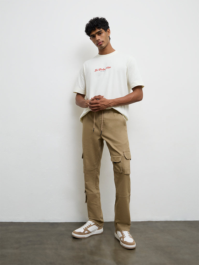 Nuon Taupe Relaxed-Fit Mid-Rise Cotton-Blend Cargo Pants