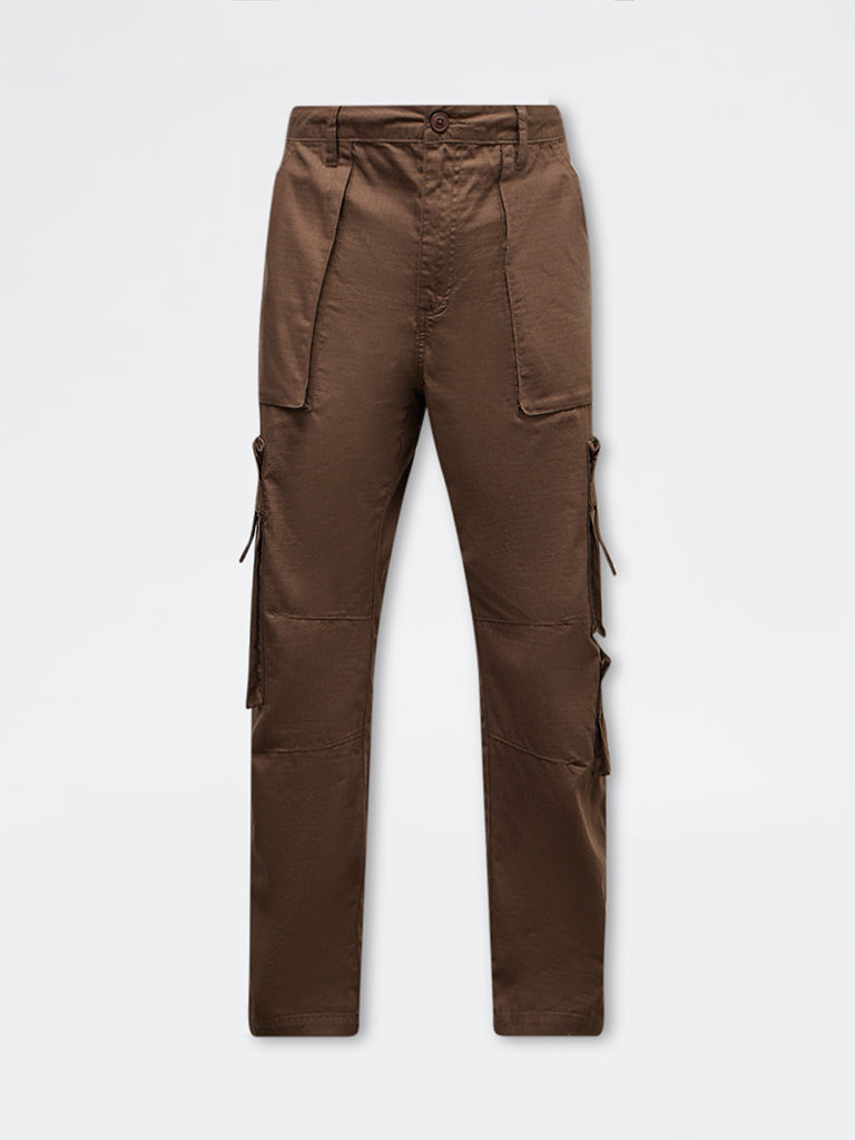 Nuon Brown Relaxed-Fit Mid-Rise Cotton Cargo Pants