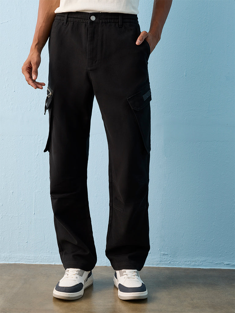 Nuon Black Relaxed-Fit Mid-Rise Cotton-Blend Cargo Pants