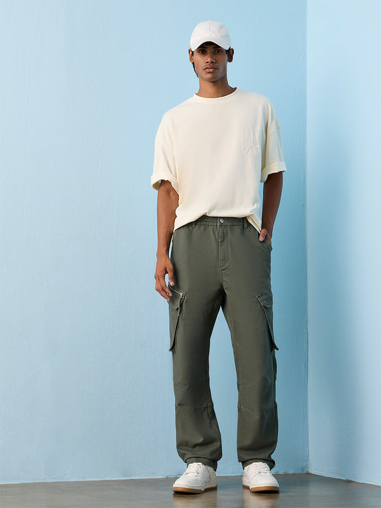 Nuon Olive Relaxed-Fit Mid-Rise Cotton Cargo Pants