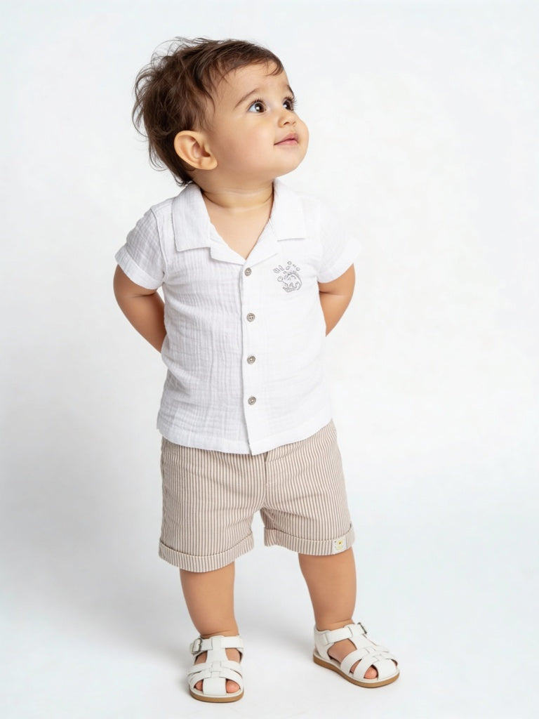 HOP Baby Boys White Crinkle-Textured Cotton Shirt and Shorts Set