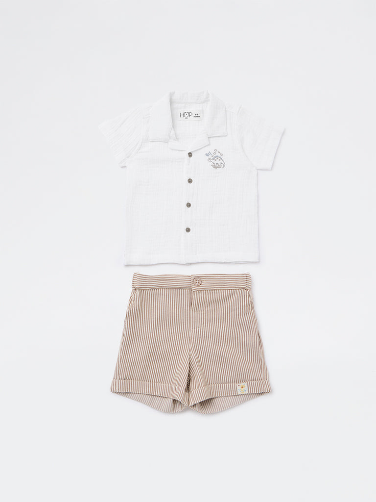 HOP Baby Boys White Crinkle-Textured Cotton Shirt and Shorts Set