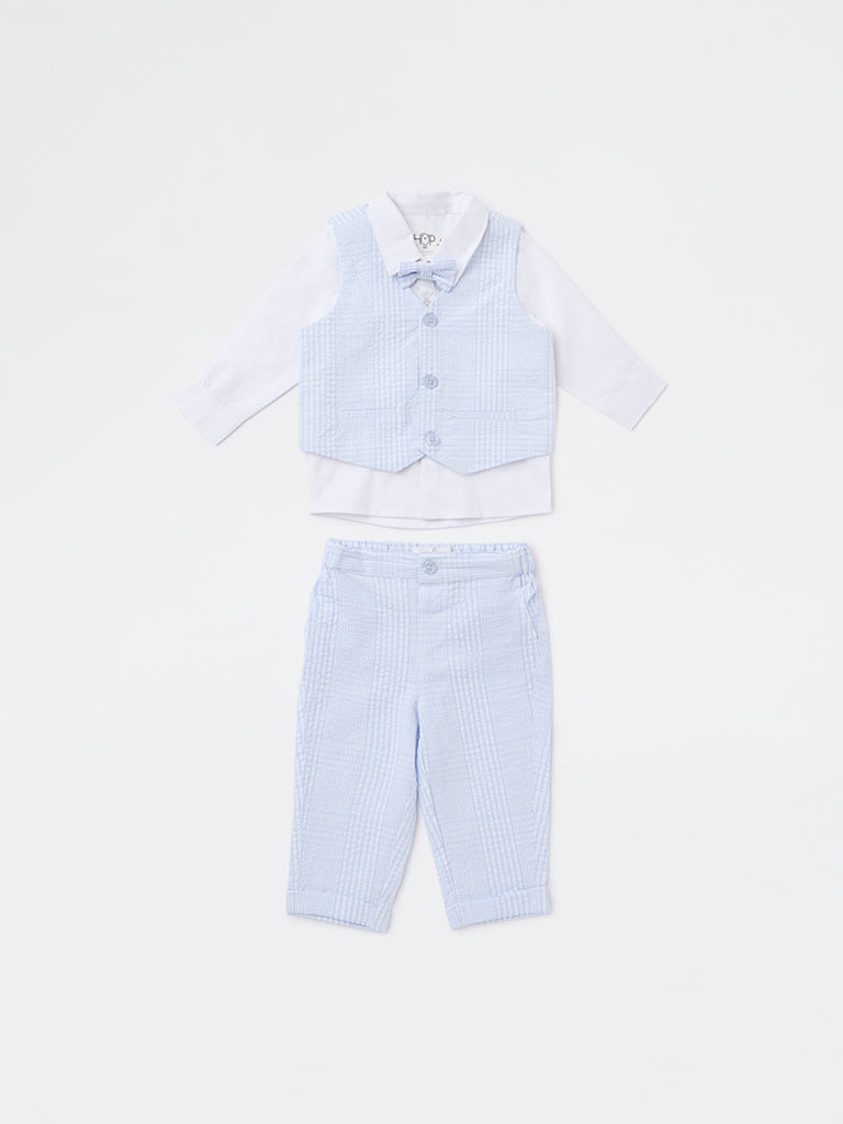 HOP Baby Boys Blue Textured Waistcoat, Shirt, Pants and Bow Set