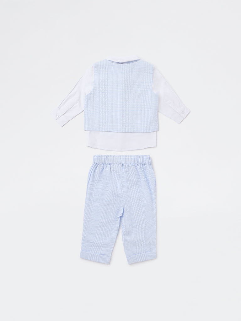 HOP Baby Boys Blue Textured Waistcoat, Shirt, Pants and Bow Set