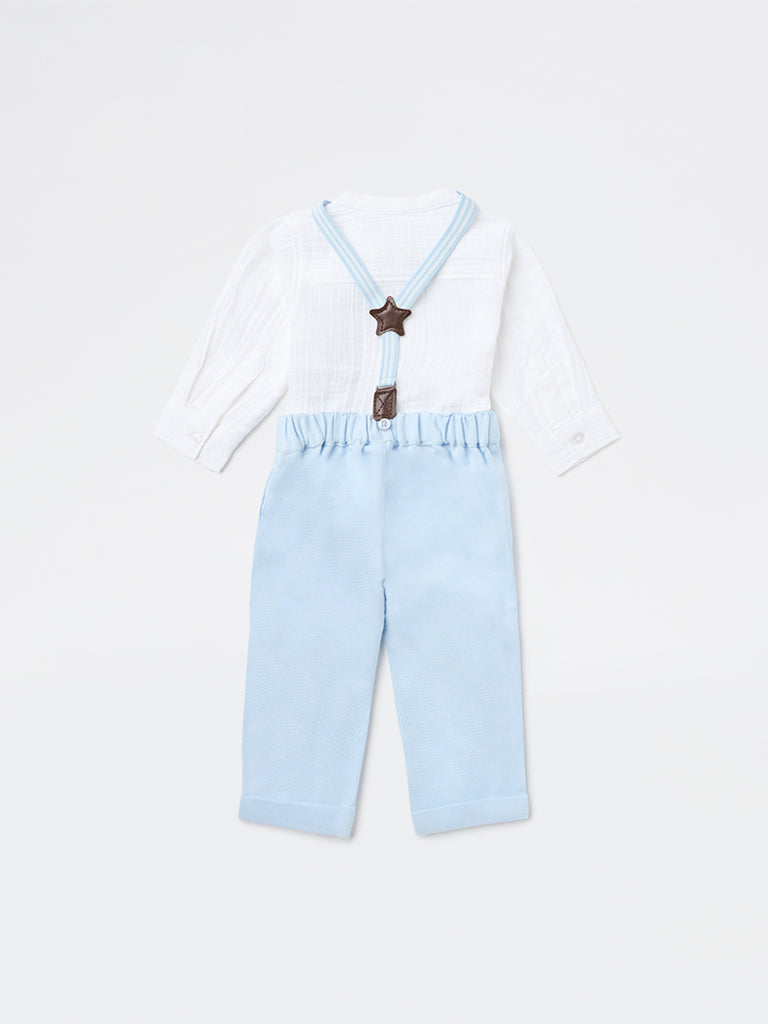HOP Baby Boys Blue Cotton Shirt, Trousers and Suspenders Set