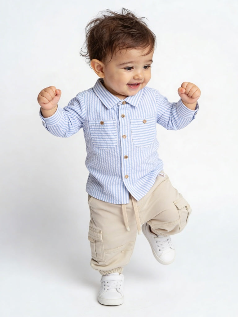 HOP Baby Boys Blue Seerscuker Striped Cotton Shirt