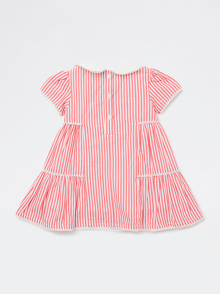 HOP Baby Girls Red Striped Tiered Cotton Dress