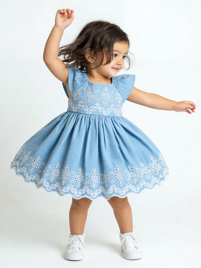 HOP Baby Girls Blue Embroidered Fit-and-Flare Denim Dress