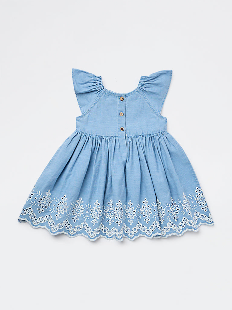 HOP Baby Girls Blue Embroidered Fit-and-Flare Denim Dress