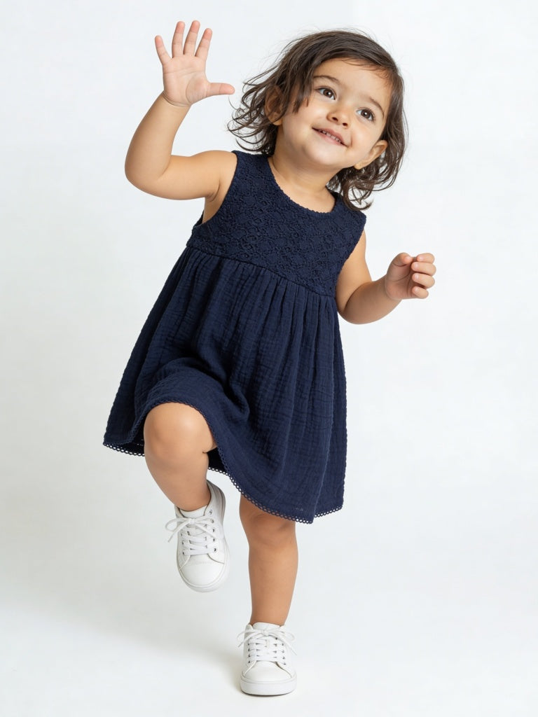 HOP Baby Girls Navy Crochet-Detailed Cotton A-Line Dress