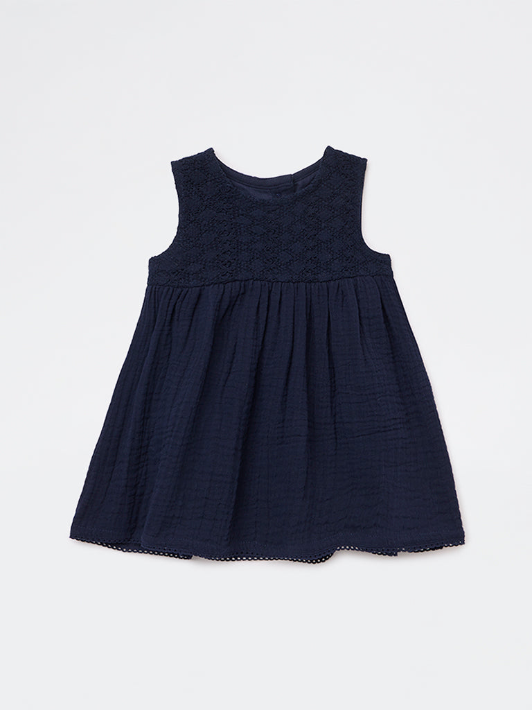 HOP Baby Girls Navy Crochet-Detailed Cotton A-Line Dress