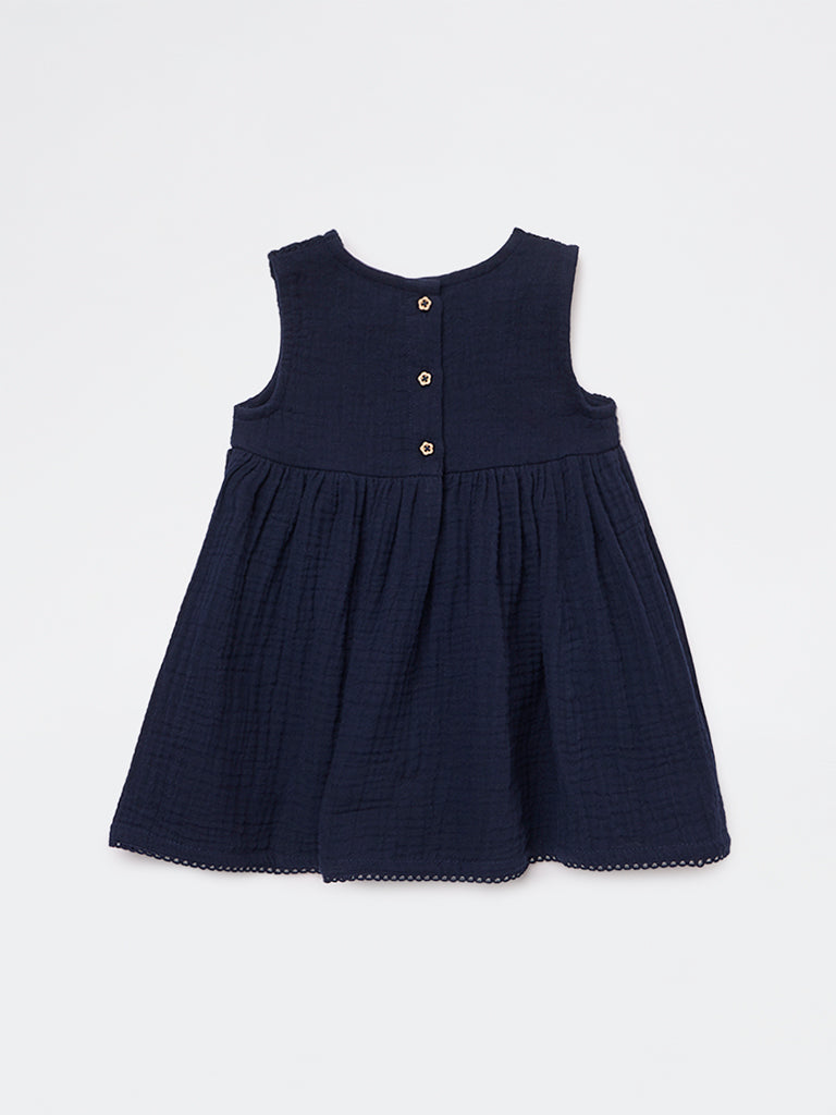 HOP Baby Girls Navy Crochet-Detailed Cotton A-Line Dress