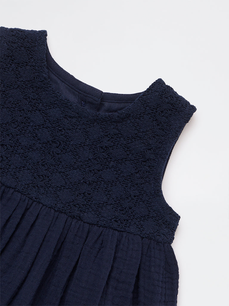 HOP Baby Girls Navy Crochet-Detailed Cotton A-Line Dress
