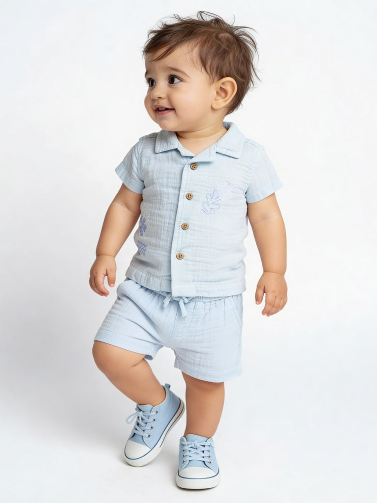 HOP Baby Boys Light Blue Cotton Shirt and Shorts Set