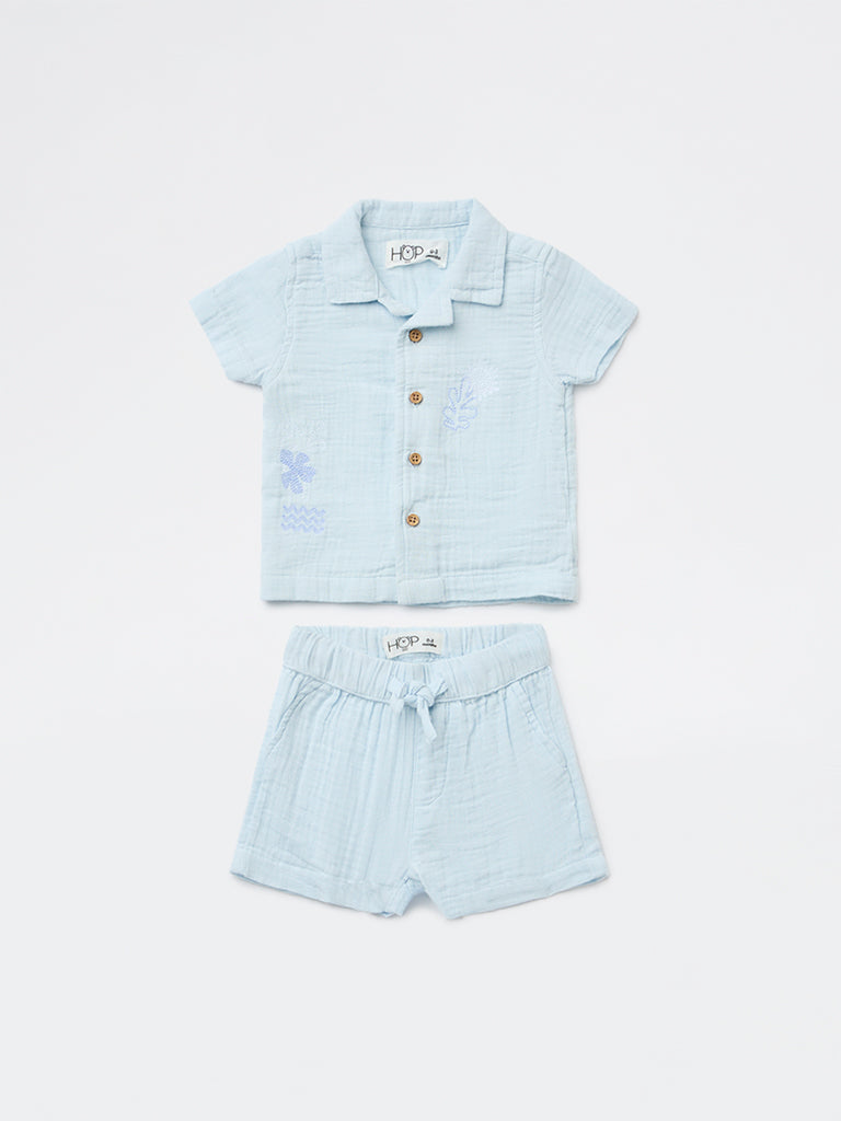HOP Baby Boys Light Blue Cotton Shirt and Shorts Set