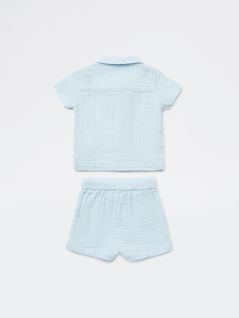 HOP Baby Boys Light Blue Cotton Shirt and Shorts Set