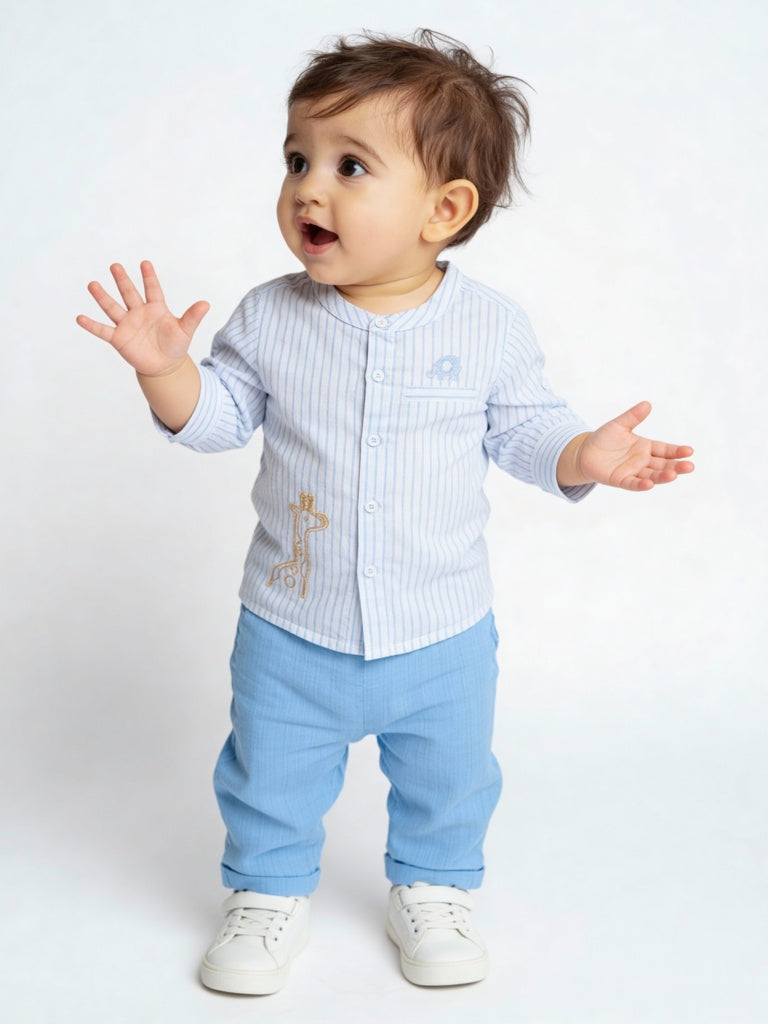 HOP Baby Boys Blue Striped Cotton Shirt and Pants Set